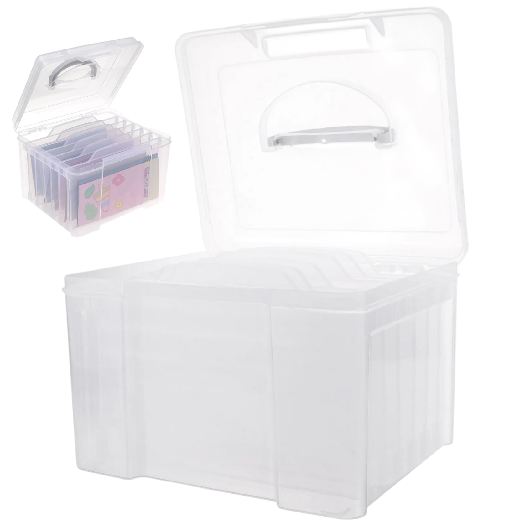 Grsrkep Clear Greeting Card Organizer Box With Dividers, Plastic Storage Box With Adjustable Compartments For Photos, Postcards, And Stationery
