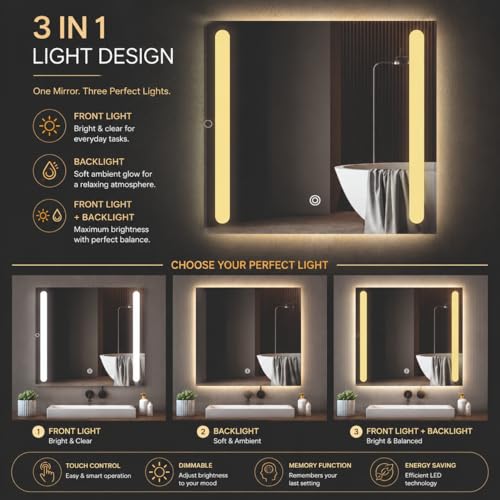 Image of LED Bathroom Wall Mirror with Decorative 3 Light Design | Touch Sensor | Warm | Natural and Cool White | for Wash Basin | Bedroom | Dressing Area Decoration (Square, 24x24)