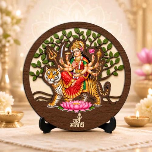 Image of Durga Maa Table Top Wooden Idol /Murti for Mandir Decoration, Office Desk & Festive Gift - 5x5 Inch