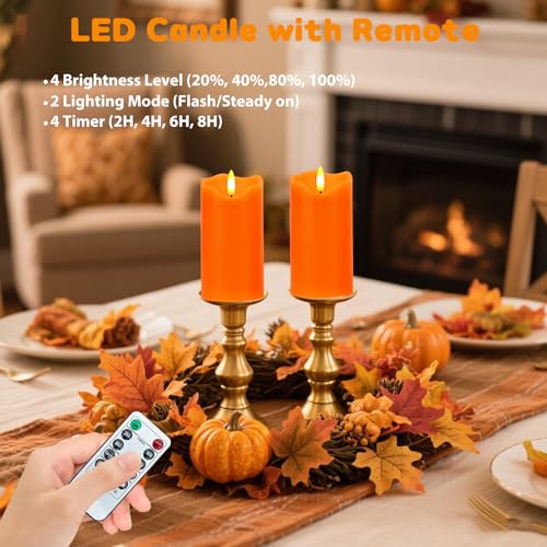 Image of Orange Flameless Candles Set of 2, 6 inchx3 inch Fall Candles with Remote & Timer