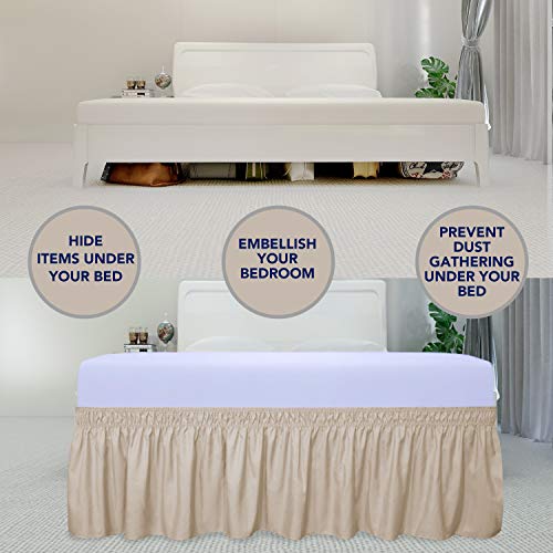 PureFit Wrap Around Ruffled Bed Skirt with Adjustable Elastic Belt - 14 Inch Drop Easy to Put On, Wrinkle Free Bedskirt Dust Ruffles, Bed Frame Cover for Twin, Twin XL and Full Size Beds, Beige