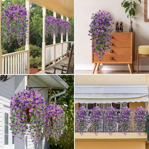 Image of Bassion Artificial Mums for Outdoor, 2 Pcs Fake Fall Hanging Flowers (Double Purple)