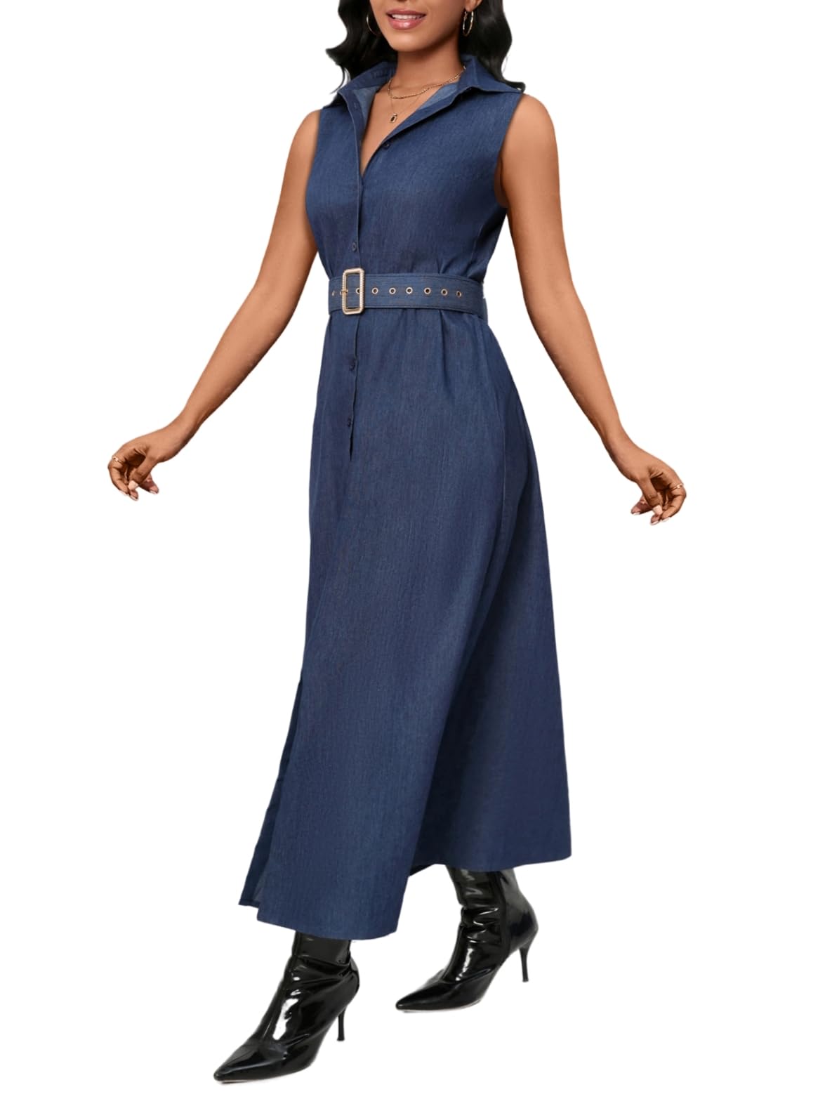 BINXIAD Denim Maxi Shirt Dress for Women Long Sleeve Button Down Belted Casual Dress Prom Dress with Pockets