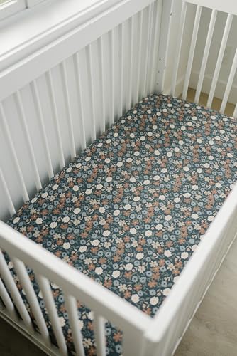 Image of Midnight Floral Muslin Crib Sheet by Mebie Baby, Soft and Breathable Bed Sheets for Babies, Modern Neutral Bedding for Cribs, Standard Crib Mattress Fitted Sheet, Great for Boy or Girl Room or Nursery