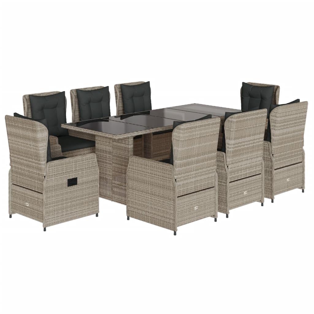 Juego de muebles de jardín de 9 piezas con cojines gris claro de polirratán, mesa con 8 sillas, muebles de balcón, muebles de terraza, jardín, balcón -K
