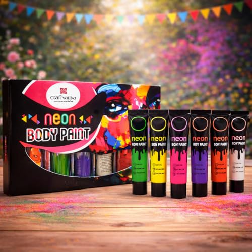 Image of CraftVatika Neon Body Paint for Holi Color Festival | Certified Non-Toxic & Skin-Friendly Face Paint | UV Glow Neon Colours | 6 Assorted Tubes (300g Total)