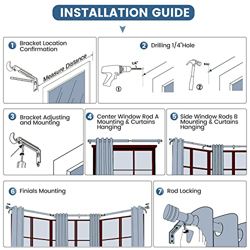 Hotozon 1 Inch Bay Window Curtain Rods, 36-72 Inch(Center Rod), 20 -36 Inch(Side Rods), Black, End Cap Finials #TOP7