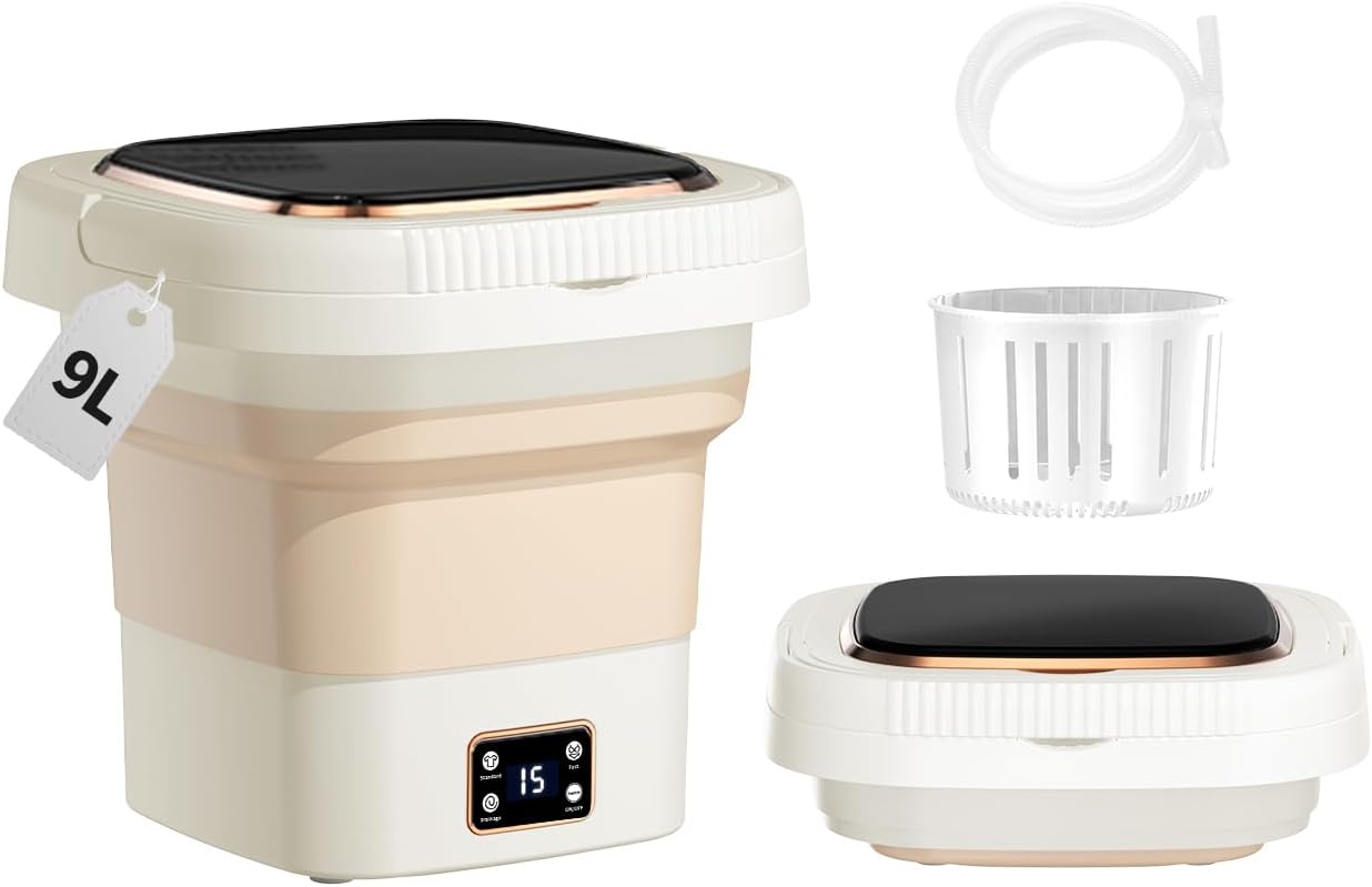 Portable Washing Machine, Mini Washer 9L High Capacity with 3 Modes Half Automatic Suitable for Underwear, Baby Clothes, or Towels, Foldable washer for Apartments, Dormitory, Camping, Travel. Beige