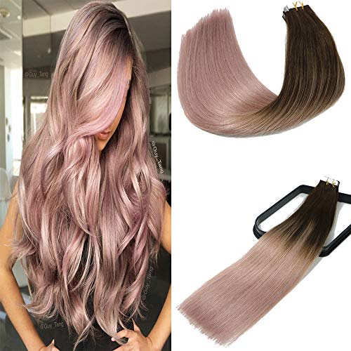 Human Hair Extensions Tape in Human Hair Dark Brown to Pink Gray Ombre 20pieces 50g Natural Hair Extensions Tape in Hair Extensions Seamless Straight Real Hair Extensions 14 Inch