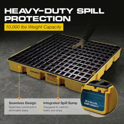 Image of Eagle Square 4 Drum Spill Containment Pallet with Drain, Made in USA,Yellow