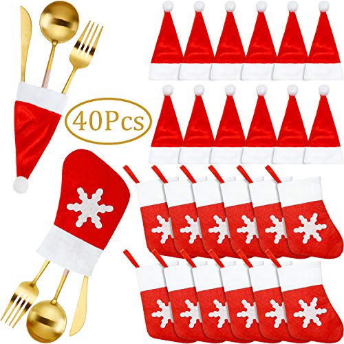 40 Pieces Christmas Santa Hats Silverware Holders Tableware Holders Santa Claus Flatware Holder Christmas Socks Decorations Dinner Table Decorations Party Supplies
