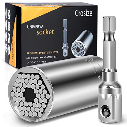 Universal Socket Tool, Grip Socket Sets Fits Standard 1/4'' - 3/4'' Metric 7mm-19mm, Adapter Socket for Wrench Ratchet & Power Drill, Gifts for Men Husband Dad Son Boyfriend Guy, Sliver