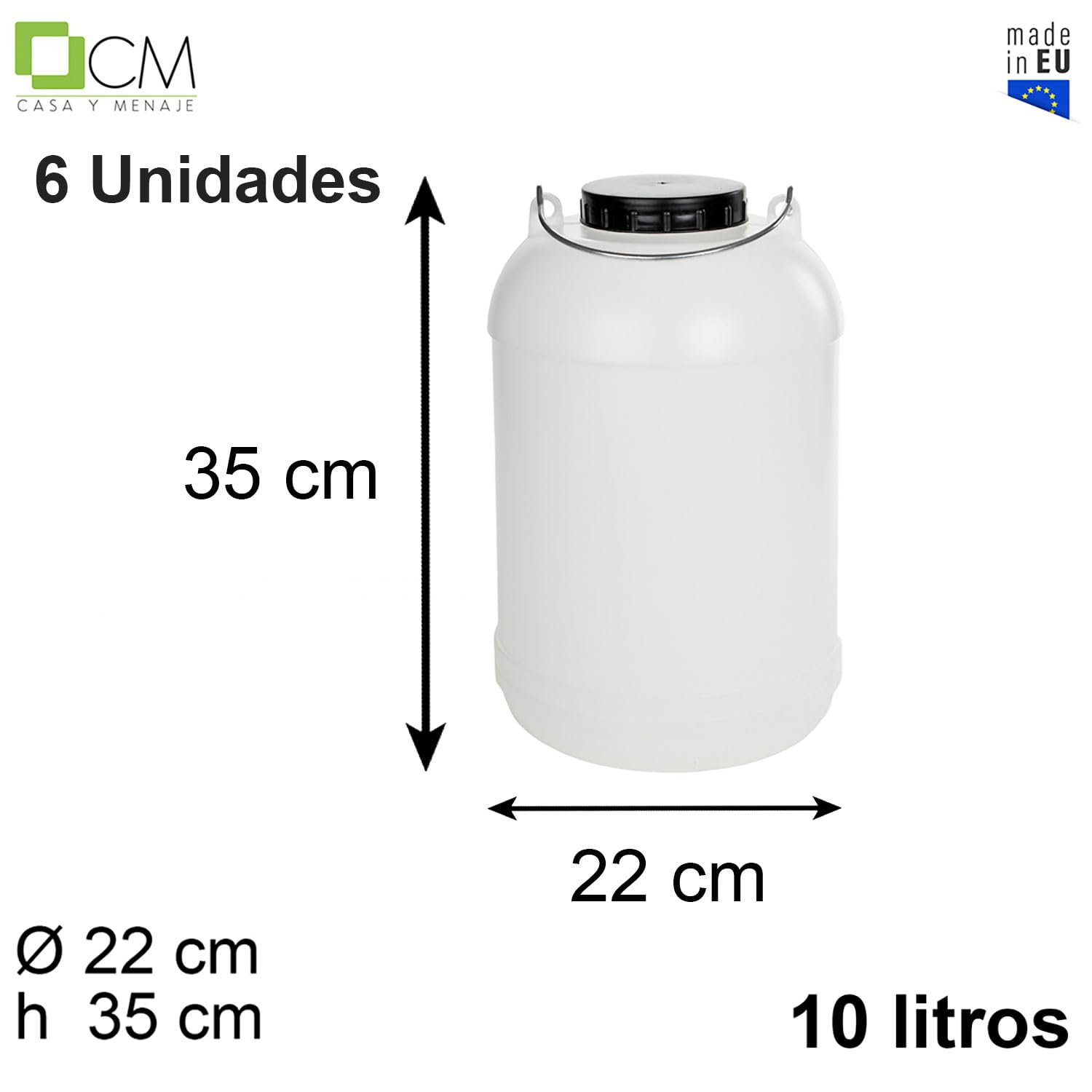 Pack 6 Bidones Redondos de Plástico con Asa de Hierro. Bidón para Aceitunas, Garrafa, Tanque de Agua con Tapa y Boca Ancha. Apto para todo tipo de Líquidos (10L (6 Uds)