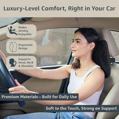 Image of Amazon Basics Car Neck Rest Pillow- Large | Ergonomically Designed | for Driving, Travel Comfort | Memory Foam, Cotton Cushion with Washable Cover | 28x26x12 Cm | 1 Year Warranty | Black