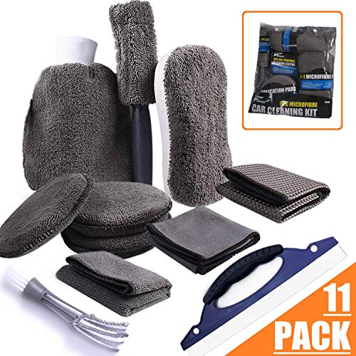 STARPIA 11PCS Kit de Limpieza de Coche Set de Lavado de Auto, Esponja/3 Paños/Cepillo para Llantas/Guante/3 Almohadillas para Vaho/Limpiador de Parabrisas/Cepillo de Ventilación