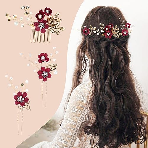 inSowni 20 Pack Decorative Flower Bridal Wedding Hair Side Combs+U-shaped Flower Hair Pins+Twist Spiral Pearl Hair Pins Headpieces Accessories for Brides Bridesmaids Women Girls (Wine Red) - Image 3