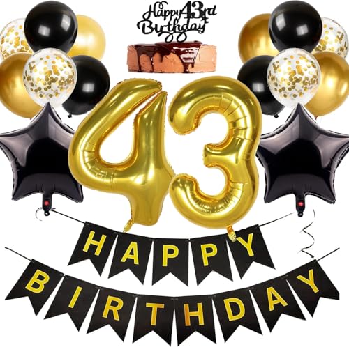 Ouceanwin Ballons Anniversaire 43 ans Homme, Decoration Anniversaire 43 ans Femme, Ballon 43 ans Anniversaire Décoration de Fête Noir et Or, Décoration de Gâteau Anniversaire 43 ans Homme Femme