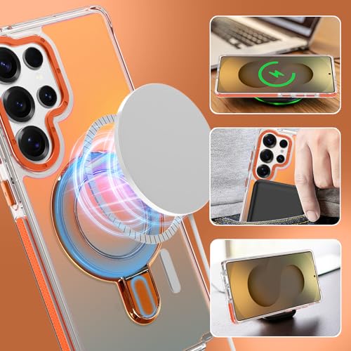 Image of Magnetic for Samsung Galaxy S25 Ultra Case with Stand [Compatible with Magsafe] [Cute Fluorescent Design] [1 Screen Protector] Slim Translucent Matte Case for Galaxy S25 Ultra 6.9 inch, Orange