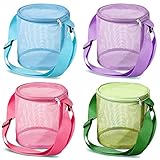Frienda 4 Piece Cylindrical Mesh Tote Shell Bags, Large Capacity Sand Beach Toys Storage Bag Adjustable Carrying Straps And Zippered Summer Beach Bag for Boys Girls (Pink, Blue, Green, Purple)