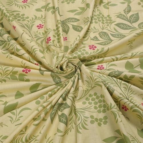 Image of Huesland by Ahmedabad Cotton 144 TC Elastic Bedsheets for King Size Bed with 2 Pillow Covers | Botanical Bliss | Vanilla & Green