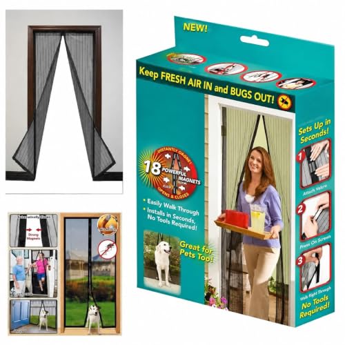 Image of Magnetic Mosquito Screen Door Net Curtain with Magnets Reinforced Polyester Mesh Curtain Back Door Mesh with Full Frame Hook & Loop