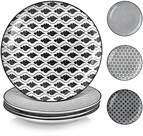 vancasso Haruka Ceramic Dinner Plates 10 Inch, Round Salad Plates Fit Steak Fruit Pasta Pancake, Microwave, Oven, Freezer and Dishwasher Safe, Set of 4, Japanese Plates Black and White
