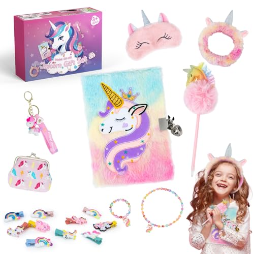 snookids Brinquedos de unicórnio, presentes de unicórnio para meninas, kit de artesanato, diário com cadado, colar, pulseira, presente de aniversário para meninas de 3, 4, 5, 6, 7 e 8 anos