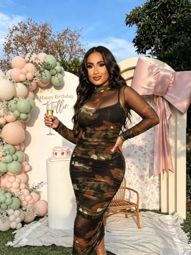 Image of MOEENCN Women's Sexy Long Sleeve Sheer Mesh Midi Bodycon Dress 2 Piece Set