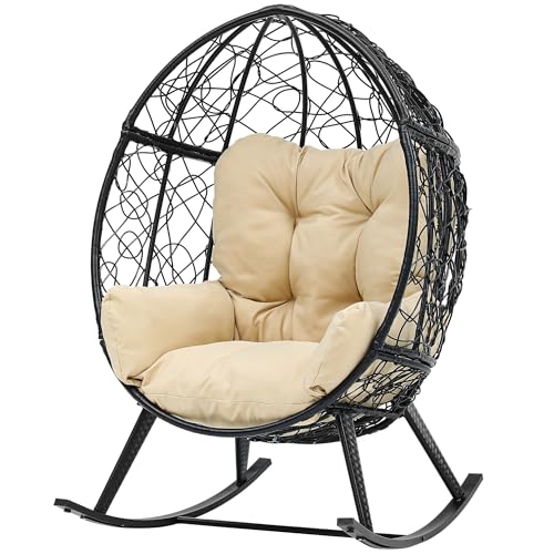 DWVO Wicker Rocking Egg Chair, Oversized Indoor Outdoor Rattan Rocking Chair, Indoor Outdoor Lounger for Patio, Backyard, Living Room, Black & Beige