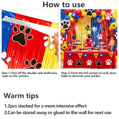 Image of 2 Pack Paw Foil Fringe Curtain, Blue Red Yellow Metallic Tinsel Backdrop for Kids Birthday Baby Shower Cartoon Dog Theme Party Decorations Supplies
