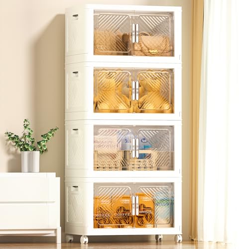 Storage Bins with Lid 76QT, Stackable Storage Containers with Wheels and Magnetic Doors, Plastic Clothes Closet Organizers and Storage Box for Pantry, Home and Office (4 Pack)
