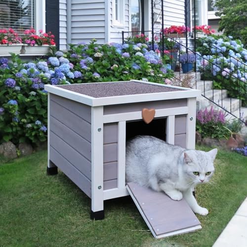 HiCaptain Maison de Chat Exterieur en Bois, Niche pour Chat Exterieur Hiver Etanche,Facile à Installer, pour Chiots,Lapin - 52cm x 42cm x 43cm Gris