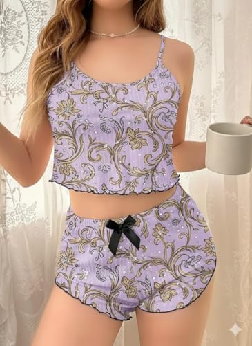 Image of SGC SWEDEN Women's Babydoll Lingerie Set with Boyshorts Panty, Cotton Blend, Multi-Colour, Free Size, 30-36 Inches, Adjustable Straps