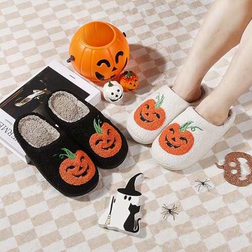 Image of Halloween Pumpkin Slippers for Womens Mens Plush Warm Spooky Lantern Pumpkin Slippers House Shoes