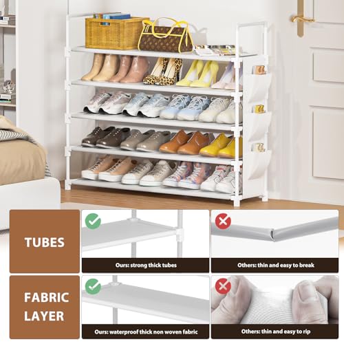Image of OYREL 5 Tier Shoe Organizer, 33.3in Wide x 11.2in Deep x 35.6in Tall, Black Metal and Plastic Shoe Rack with Side Bag, Holds 20-25 Pairs of Shoes
