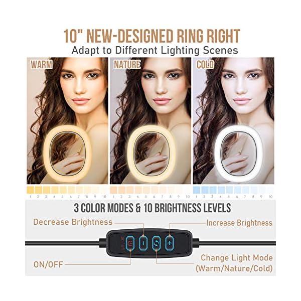 Tiikiy Ringleuchte Stativ mit Ferbedienung, 10'' LED Selfie Ringlicht mit Handyhalter, Tischringlicht mit 3 Farben & 10… – Bild 3