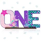 Picture of Haooryx Mermaid ONE Letter Sign - Table Wooden Centerpiece Baby Girl Mermaid 1st First Birthday Party Decorations Summer Under The Sea Little Cake Smash Photo Props Wood Decorative Baby Shower Decor