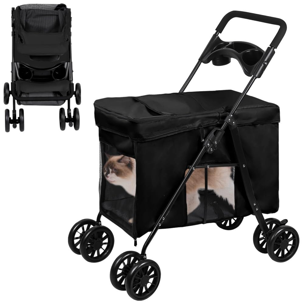 OHMG Cochecito Plegable para Perro Gato, Buggy, Transportador para Mascotas con 4 Ruedas y Freno, Carro para Perro, Carrito de Muñeca, Carga 20 kg