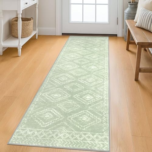 KILOCOCO Boho Kitchen Runner Rug 2x6 Washable Soft Runners for Hallways Non Slip Printed Distressed Laundry Room Rugs, Low-Pile Rugs for Entryway/Bedroom/Living Room, Grey Green