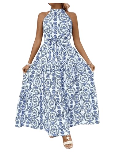 Image of Floerns Women's Plus Size Boho Sleeveless Halter Neck Tie Back A Line Long Dress