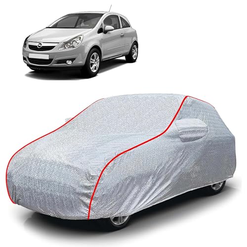 Image of Sulfar 100% Waterproof Car Body Cover Compatible with Mirror for Opel Corsa (Triple Stitched, Full Bottom Elastic, Magic Silver with Red Piping)