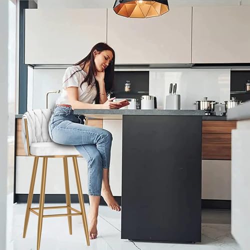 Tabouret de bar pivotant en velours blanc design tressé - 4