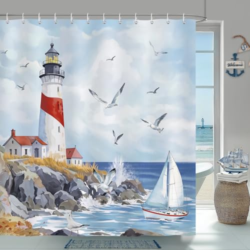 Bonhause Duschvorhang Leuchtturm Segelboot Maritim Nautische Küste Duschvorhänge 180 x 180 cm Anti-Schimmel Wasserdicht Polyester Stoff Waschbar Bad Vorhäng für Badzimmer mit 12 Haken
