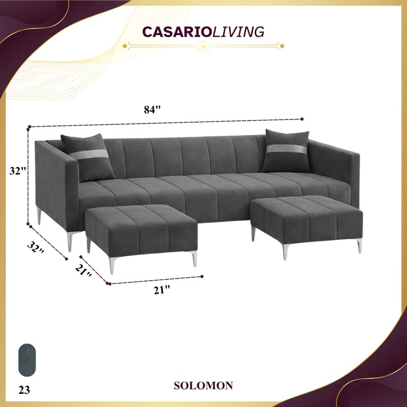 Image of Solomon 6 Seater L Shape Sofa Set with 2 Movable Ottoman | Flexible Left or Right Layout | Luxe Velvet Suede Fabric | Comfortable Seating | Modern Sofa for Living Room - Dark Grey