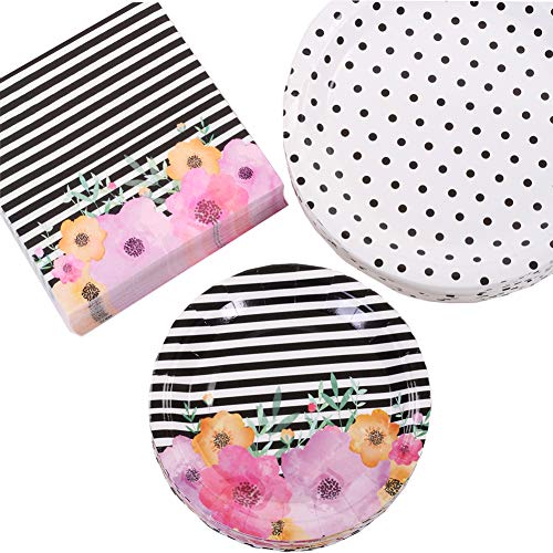 Andaz Press Modern Floral Party Plates and Napkins Set, Bulk 50-Pack, 9-Inch Plates, 7-Inch Plates, 6.5-Inch Lunch Napkins, Flower and Black Stripes Modern Party Tableware Kit, Party Supplies