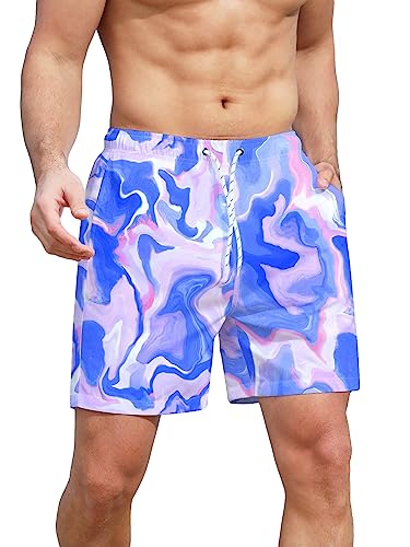WDIRARA Men's Graphic Print Beach Shorts Drawstring Waist Swim Trunks Slant Pocket Shorts