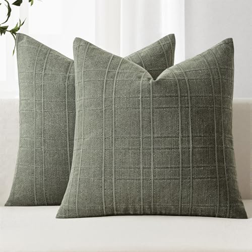 MIULEE Decorative Linen Check Throw Pillow Covers Neutral Farmhouse Vintage Pillow Covers 20x20 Inch Set of 2 Boho Modern Home Decor for Sofa Couch Bedroom Cushion Chair Olive Green
