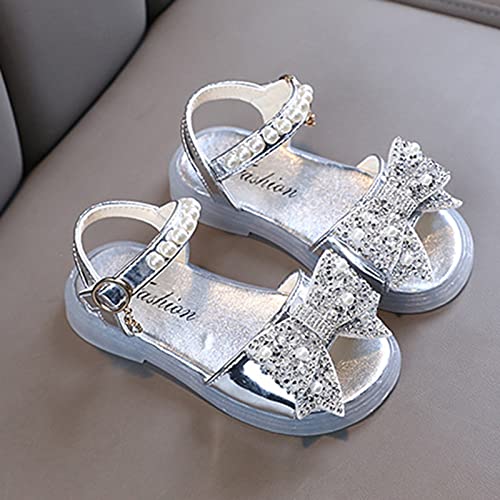 Princess Shoes For Girls Popular Summer Comfortable Shiny Soft Bottom Bow Princess Children Sandals (Silver-b, 9 Toddler)2