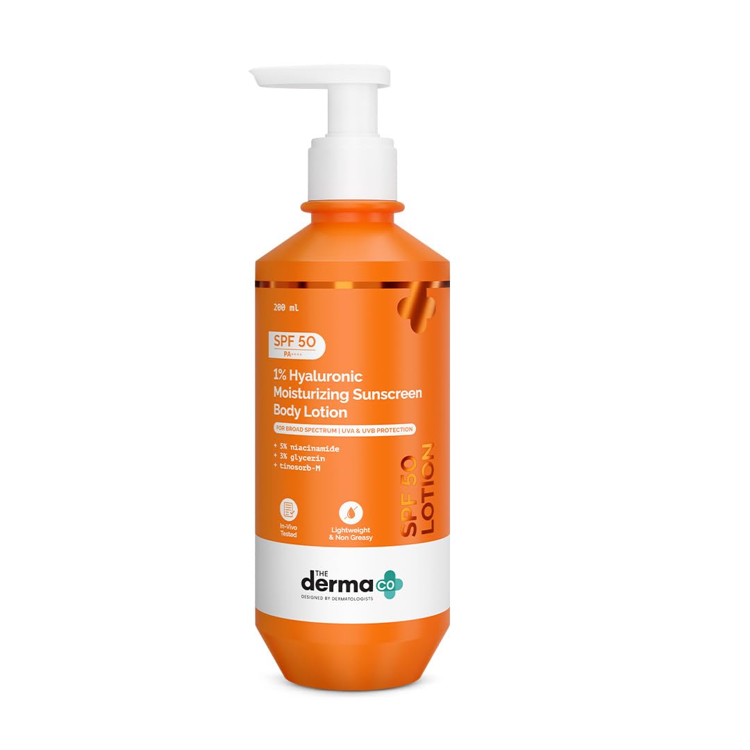 The Derma Co. 1% Hyaluronic Moisturizing Sunscreen Body lotion SPF 50 PA ++++ with 5% Niacinamide & 3% Glycerin | In-Vivo & In-Vitro Tested | Body Sunscreen with Broad Spectrum UVA & UVB Protection | No White Cast | Non Greasy | Tan protection | For All Skin Types | For Women & Men | 200 ml-image-12