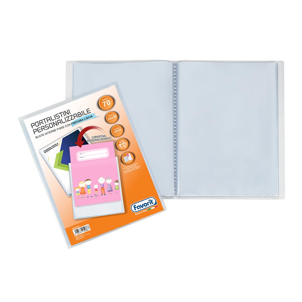 FAVORIT Display Book with Fixed Envelopes and Front Pocket Customisable for 70 Sheets of Envelopes, 22 x 30 cm, Transparent